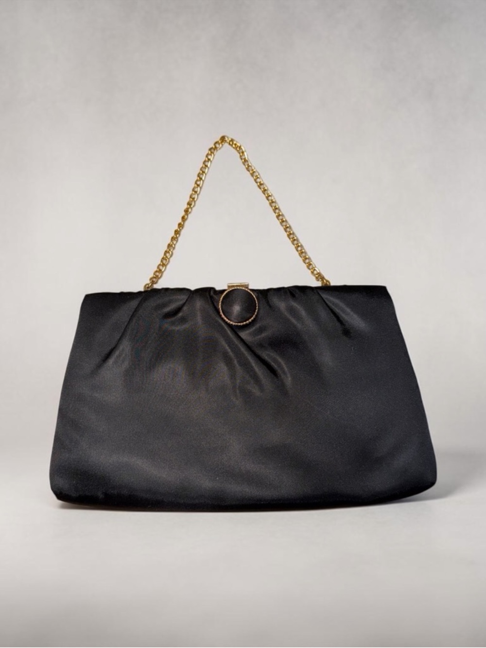 Vintage Black Satin Evening Clutch with Gold Chain